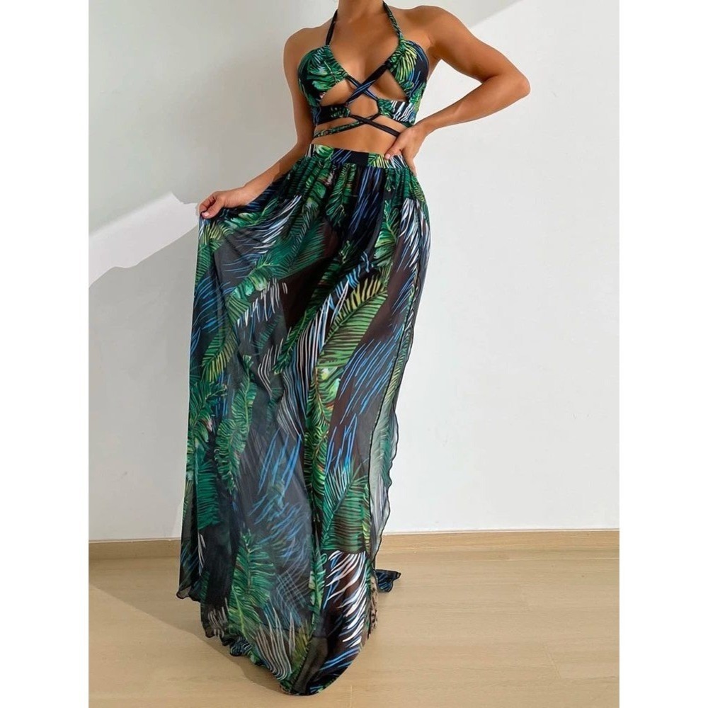Tropical Palm Print 3 Piece Bikini Set with Mesh Maxi Skirt Cover Up Green M